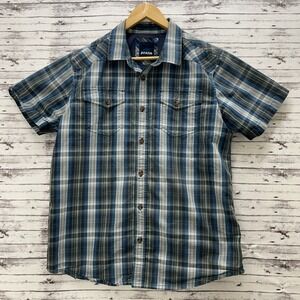 prAna Plaid Short Sleeve Button Up Cotton Shirt Mens Large Multicolor